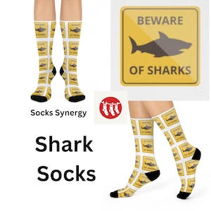 Unique Shark Warning Crew Socks | Fun Gift for Ocean Lovers, Beach Party, Aquatic Adventures, Home Wear, Casual Style