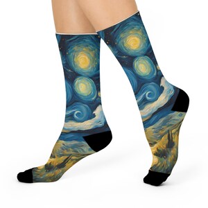 Op sterrennacht geïnspireerde dempende sokken | Gezellige kunstsokken voor kunstliefhebbers, cadeaus voor hem of haar, stijlvolle slaapsokken, creatieve homewear,