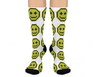 Playful Pixelated Smiley Crew Socks | Fun Gift for Gamers, Casual Comfortable Socks, Unique Trendy Socks, Everyday Style, Cozy Gift