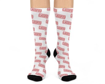 Classified Cushioned Crew Socks, Fun Gift for Sock Lovers, Novelty Socks for Secret Agents, Cozy Lounge Socks, Statement Fashion