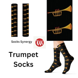 May include: Black socks with a repeating pattern of gold trumpets. The socks are displayed on a person's legs, and the design is also shown on a black background. The text "Socks Synergy" and "Trumpet Socks" are also visible.