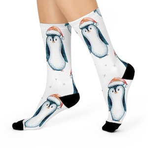 Chaussettes festives avec pingouin, chaussettes confortables pour les fêtes, cadeau pour les amoureux des animaux, accessoires d'hiver, jolies chaussettes de Noël, cadeaux chaussettes amusants
