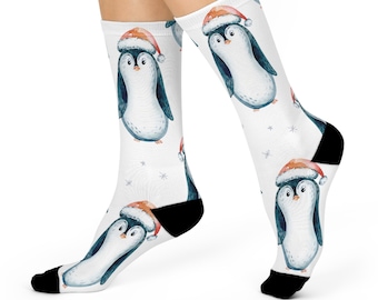 Festive Penguin Crew Socks, Cozy Holiday Socks, Gift for Animal Lovers, Winter Accessories, Cute Christmas Socks, Fun Sock Gifts