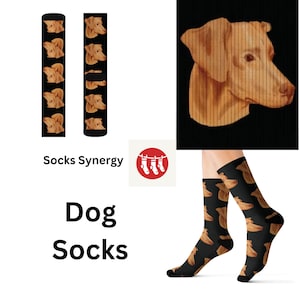 Pode incluir: Meias pretas com um padrão repetido da cabeça de um cão. As meias são usadas nos pés de uma pessoa. A imagem também mostra duas meias com o mesmo padrão de cabeça de cão e as palavras "Dog Socks" e "Socks Synergy".