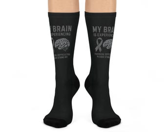 My Brain Is Experiencing... Crew Socks | Neurology Awareness Ribbon, Brain Graphic