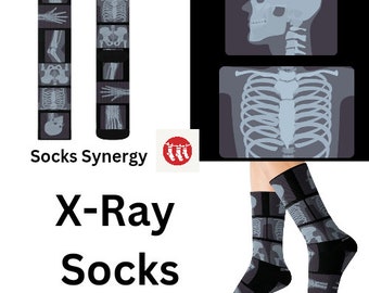 May include: A pair of black socks with an x-ray image of a skeleton printed on them. The socks are shown on a model's feet. The image also includes a smaller image of a skeleton with the text "Socks Synergy" and an x-ray image of a human torso.