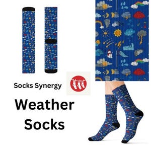May include: Blue weather-themed socks with a pattern of clouds, rainbows, suns, and rain. The socks are shown flat, on a person's feet, and as a close-up of the fabric. The text "Socks Synergy" and "Weather Socks" is also visible.