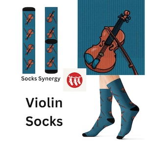 May include: A pair of blue socks with a repeating pattern of red violins. The socks are shown on a model with one sock pulled up to the calf and the other sock pulled up to the ankle. The text "Socks Synergy" is printed below the socks. The text "Violin Socks" is printed below the socks.