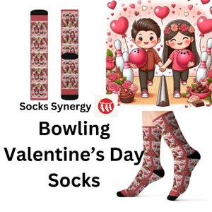 May include: Valentine's Day socks with a bowling theme. The socks feature a repeating pattern of a couple bowling, hearts, and bowling pins. The image also shows a cartoon couple holding bowling balls and the text "Socks Synergy Bowling Valentine's Day Socks."