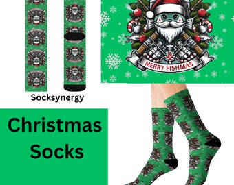 Merry Fishmas Socks custom Christmas fishing fun cool trendy gift present holiday personalized women men pattern customized name date xmas