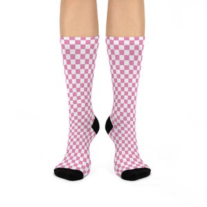 Pink Checkered Socks Trendy Cushioned Crew Socks, Comfortable Fashion Socks for Women, Gift for Her, Casual Wear, Cute Pink Checkered Design