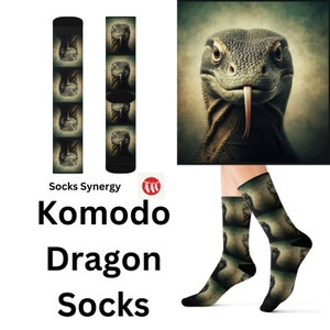 May include: Black Komodo Dragon socks with a repeating pattern of a Komodo dragon's head. The image includes a close-up of the dragon's face. The text "Komodo Dragon Socks" is displayed below the image. The socks are a unique accessory.