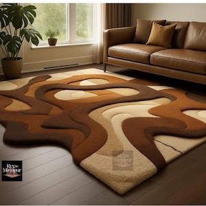 Modern Hand Tufted Wavy Brown and Beige Boho Wool 8x10 Area Rugs for Living Room, Abstract Organic 6x9 Rug for Bedroom, Custom 7x10 9x12 Rug