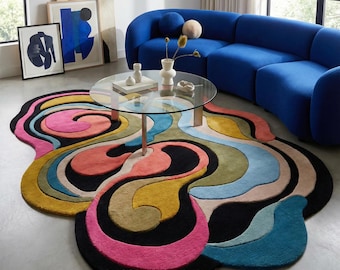 Modern Colorful Irregular Hand Tufted  5x8 Wool Area Rug for Living Room, Abstract Amoeba Shape 6x9 Rugs for Kids Room, Custom Size 6x8 Rugs