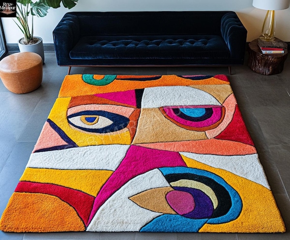 Multicolor Modern Abstract Hand Tufted Wool 8x10 Area Rugs for Living Room, Vibrant Colorful Wool 6x9 Rugs for Bedroom, Handmade 7x10 Rugs
