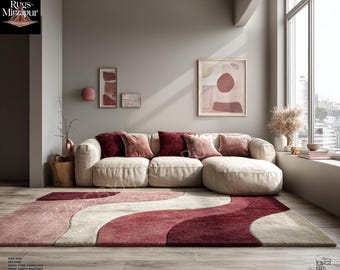 Diep wijnrood roze en crème handgetuft abstract golvend 8 x 10 wollen karpetten voor woonkamer, modern uniek ontwerp 6 x 9 9 x 12 tapijten, op maat gemaakte vloerkleden