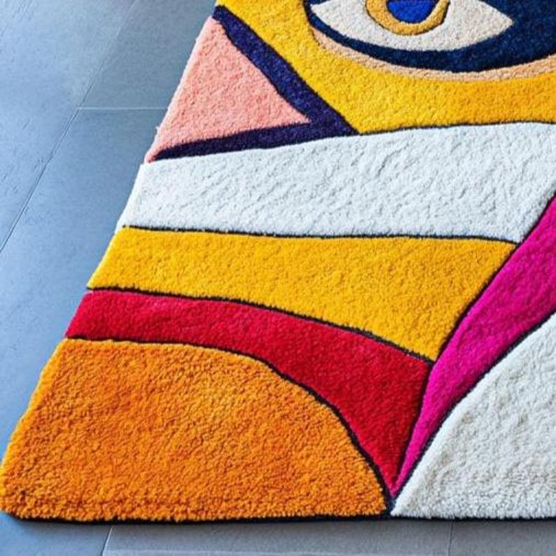 Handmade cubist wool rug in bright yellow, orange, and pink tones with expressive face motifs. Designed by Rugs By Mirzapur, this hand-tufted carpet combines art and comfort for modern interiors. Its colorful geometric patterns bring energy, personality, and texture, making it a standout statement rug for stylish homes and studios.