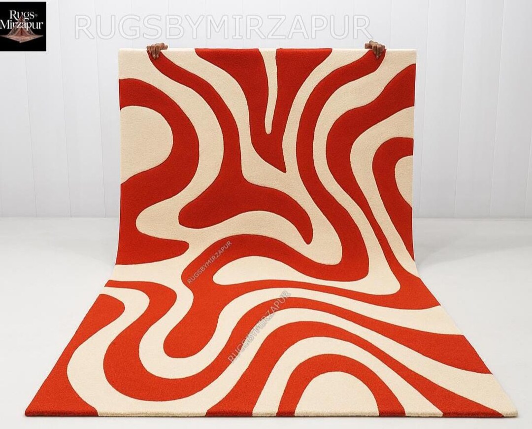 Red Wavy Rug Off White Red Abstract Wave Hand Tufted Rugs for Bedroom, 5x8 6x9 8x10 ...