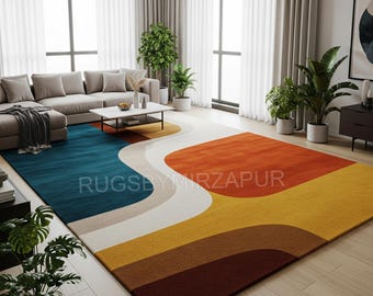 Handgetuft wollen vloerkleed met geometrische golven, modern kleurrijk tapijt uit het midden van de eeuw