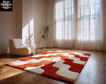 Hand Tufted Wool Area Rug, Burnt Orange and Cream Wavy Design