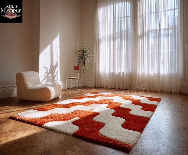 Undulating Small Rugs Hand Tufted Wool Area Rug, Burnt Orange and Cream Wavy Design - Etsy