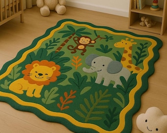 May include: A green, jungle-themed rug with a yellow border. The rug features cartoon illustrations of a lion, monkey, elephant, and giraffe. The rug is designed with a wavy edge and is placed on a wooden floor.