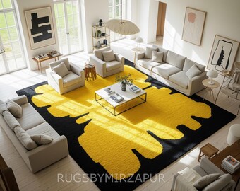 Modern Black Yellow Abstract Hand Tufted Wool 9x12 Area Rug for Living Room, Handmade Black Contemporary 6x9 Rug for Bedroom, 8x10 Area Rugs