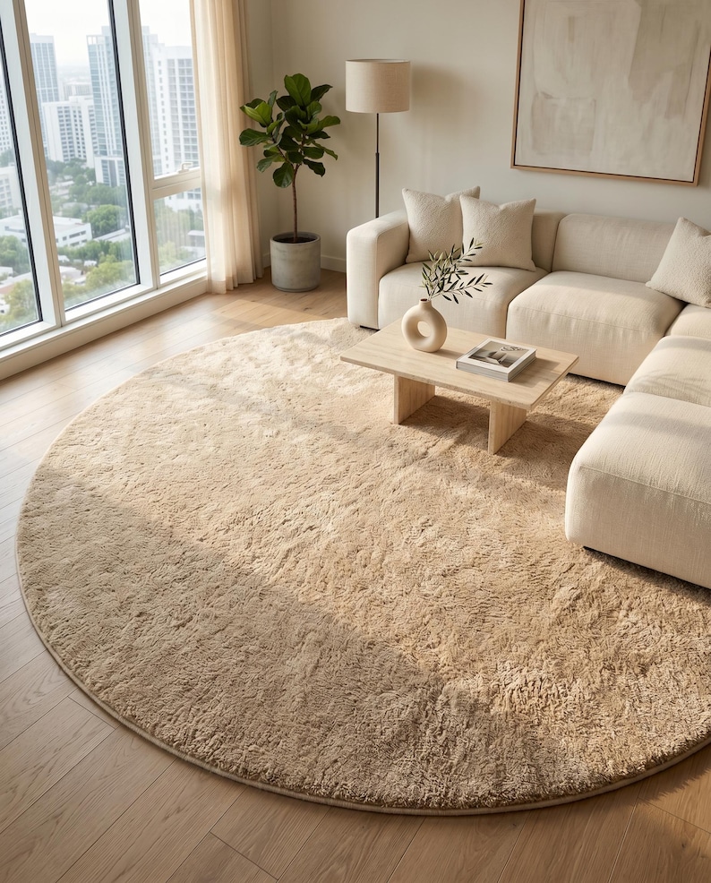 Luxury handmade wool rug in an elegant sand beige shade styled beneath contemporary furniture in a bright residential living room. The dense plush surface beautifully reflects natural light, creating soft tonal variations and inviting warmth throughout the interior. Crafted from premium New Zealand wool, this timeless area rug enhances modern homes, luxury apartments, boutique interiors, and designer projects with superior craftsmanship and refined simplicity.