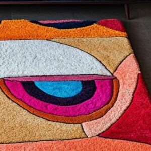 Modern cubist wool carpet from Rugs By Mirzapur showcasing vivid face-inspired patterns in orange, yellow, and red. Hand-tufted with thick wool for texture and durability, it’s a bold centerpiece for art lovers. Ideal for living rooms, lofts, and creative spaces, it combines handmade craftsmanship with modern artistic style.