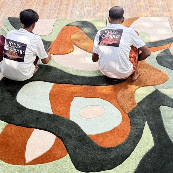 Modern Hand Tufted Wavy Sage Green Brown and Beige Boho Area Rugs