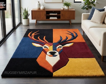 Hand Tufted Deer Wool Rug, Colorful Animal 8x10 Area Rug, Modern Statement 6x9 Rug for Living Room , Handmade Designer Carpet for Kids Room