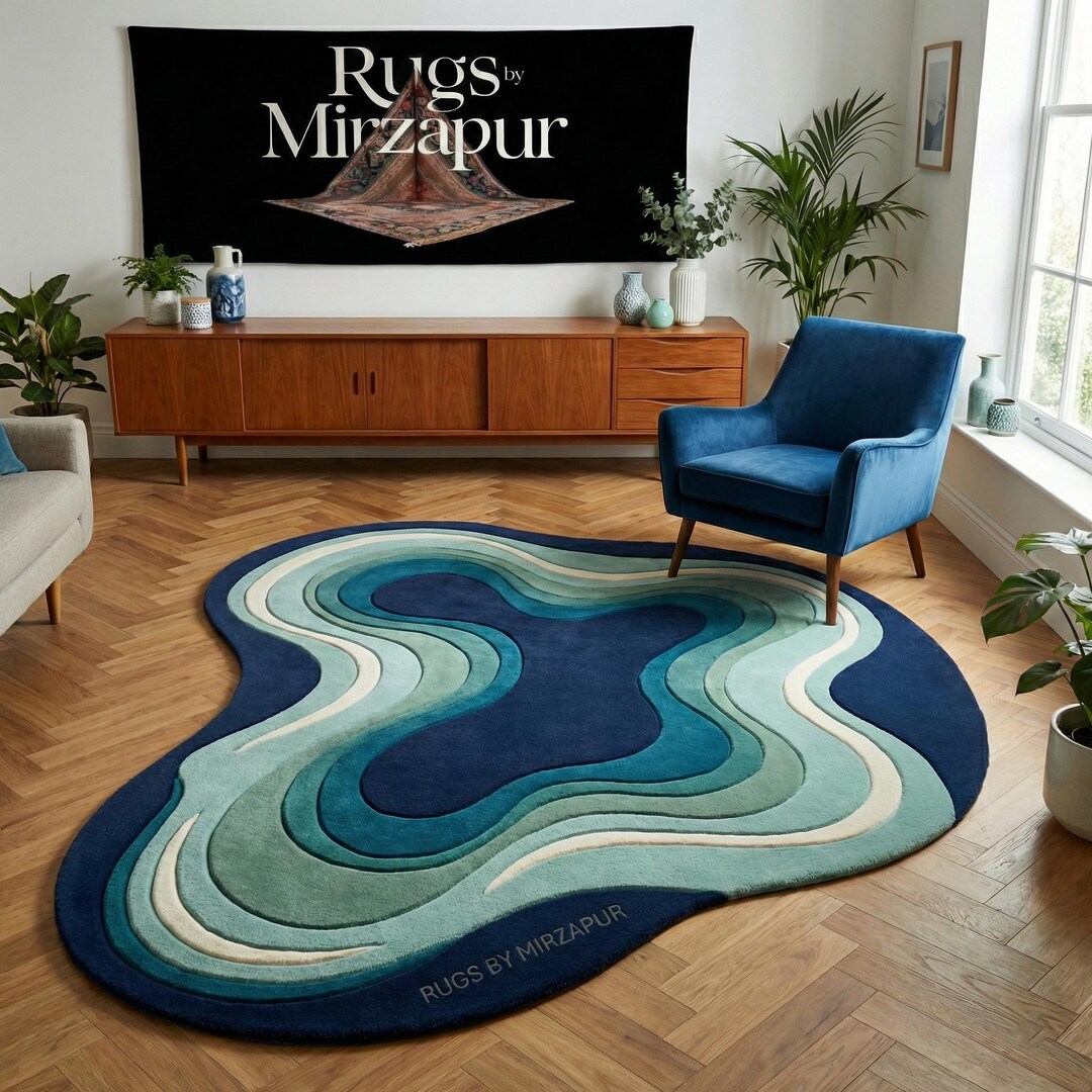 Modern Teal Blue Abstract Hand Tufted Organic Wool 6x9 Rugs for Living ...