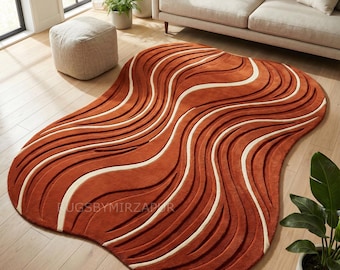 Modern Burnt Orange Ivory Irregular Hand Tufted Wool Area Rugs for Living Room, Handmade Abstract Amoeba Shape High Low 8x10 Rug for Bedroom