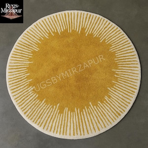 Modern Round Yellow Sunburst Rug – Hand-Tufted Wool Circle Carpet, Modern Radiating Pattern, Custom Size Area Rug for Living Room, 4x4 Round
