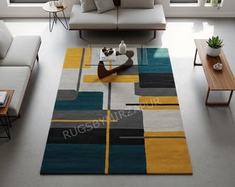 Hand Tufted Geometric Wool Area Rug, Teal Yellow Grey, Mid-Century Modern
