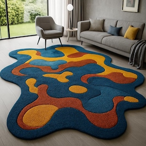 Modern Abstract Wavy Area Rug – Colorful Irregular Shaped Carpet for Living Room, Retro Mid-Century Style Decor, Soft Tufted Floor Rug  5x8