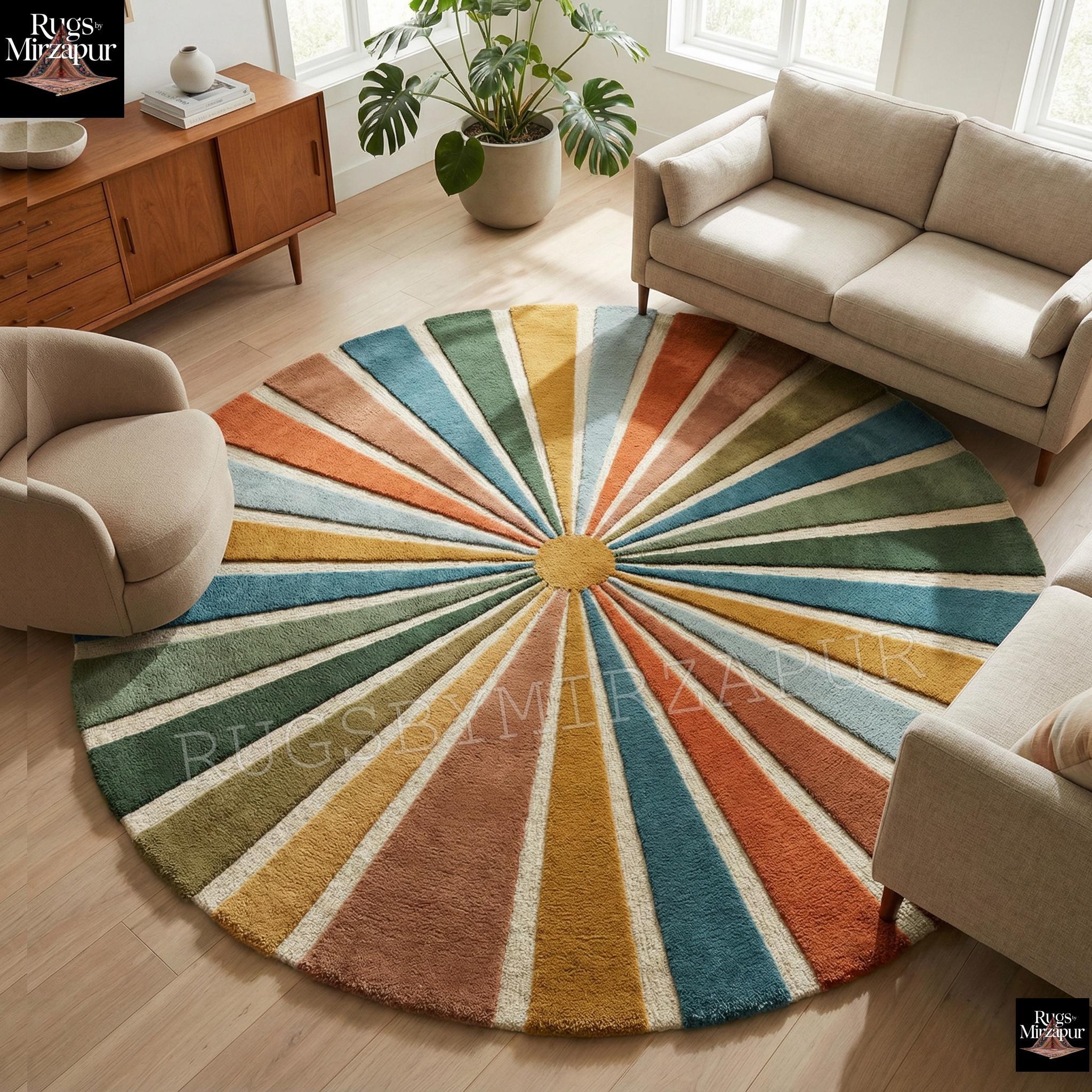 Custom Circular Rugs Modern Retro Colorful Circular Striped Hand Tufted Wool 6x6 Rugs for ...