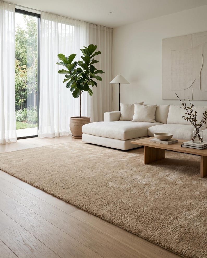 Luxury beige round wool rug positioned beneath contemporary curved seating in a bright designer living room with neutral furniture, warm wood flooring, soft daylight, and sophisticated décor. This hand tufted area rug features a plush velvety surface and calming sand beige color that complements Scandinavian, organic modern, minimalist, coastal, and luxury interiors. Handmade from premium wool, this custom rug creates an inviting atmosphere while providing comfort, durability