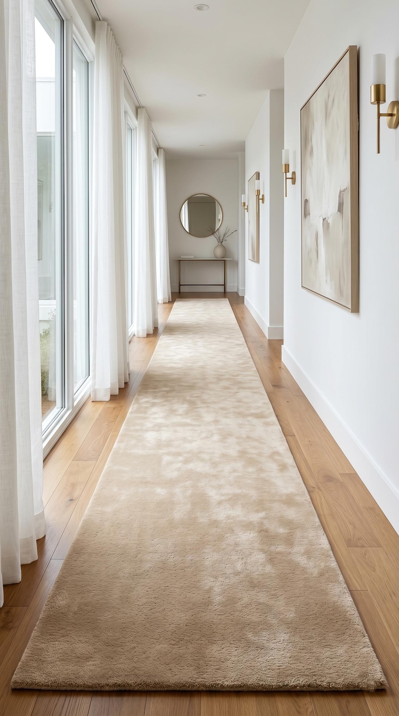 Premium sand beige hand tufted wool rug styled in a contemporary living room featuring oversized sectional seating, indoor fiddle leaf fig tree, modern coffee table, floor-to-ceiling windows, and abundant natural light. The plush wool construction creates exceptional softness underfoot while the neutral beige tone brightens the room and enhances spaciousness. Handmade craftsmanship and premium New Zealand wool make this rug perfect for luxury homes, designer apartments