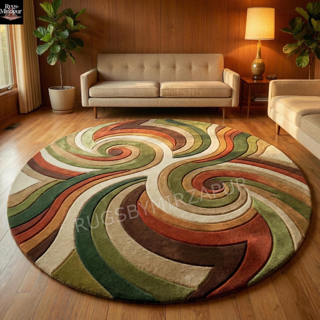 Luxury Round Abstract Spiral Hand Tufted Wool Rug, Modern Swirl Pattern ...