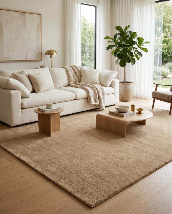 Hand Tufted Beige Wool Rug, Solid Color Rug, Custom Round Rug, Minimalist Living Room & Modern Apartment Decor, Kitchen Bedroom 6x9 9x12 Rug