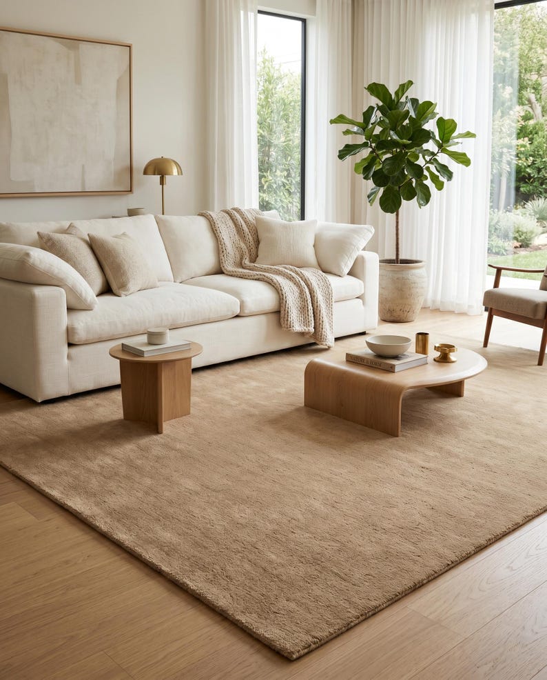 Modern beige hand tufted wool rug displayed in a bright minimalist living room featuring a curved cream sofa, accent chairs, walnut coffee table, warm oak flooring, and natural sunlight. The luxurious sand beige area rug showcases a dense plush pile and elegant solid color design that creates warmth, softness, and timeless sophistication. Handmade from premium New Zealand wool, this custom area rug is perfect for modern living rooms, Scandinavian homes, Japandi interiors, luxury apartments,