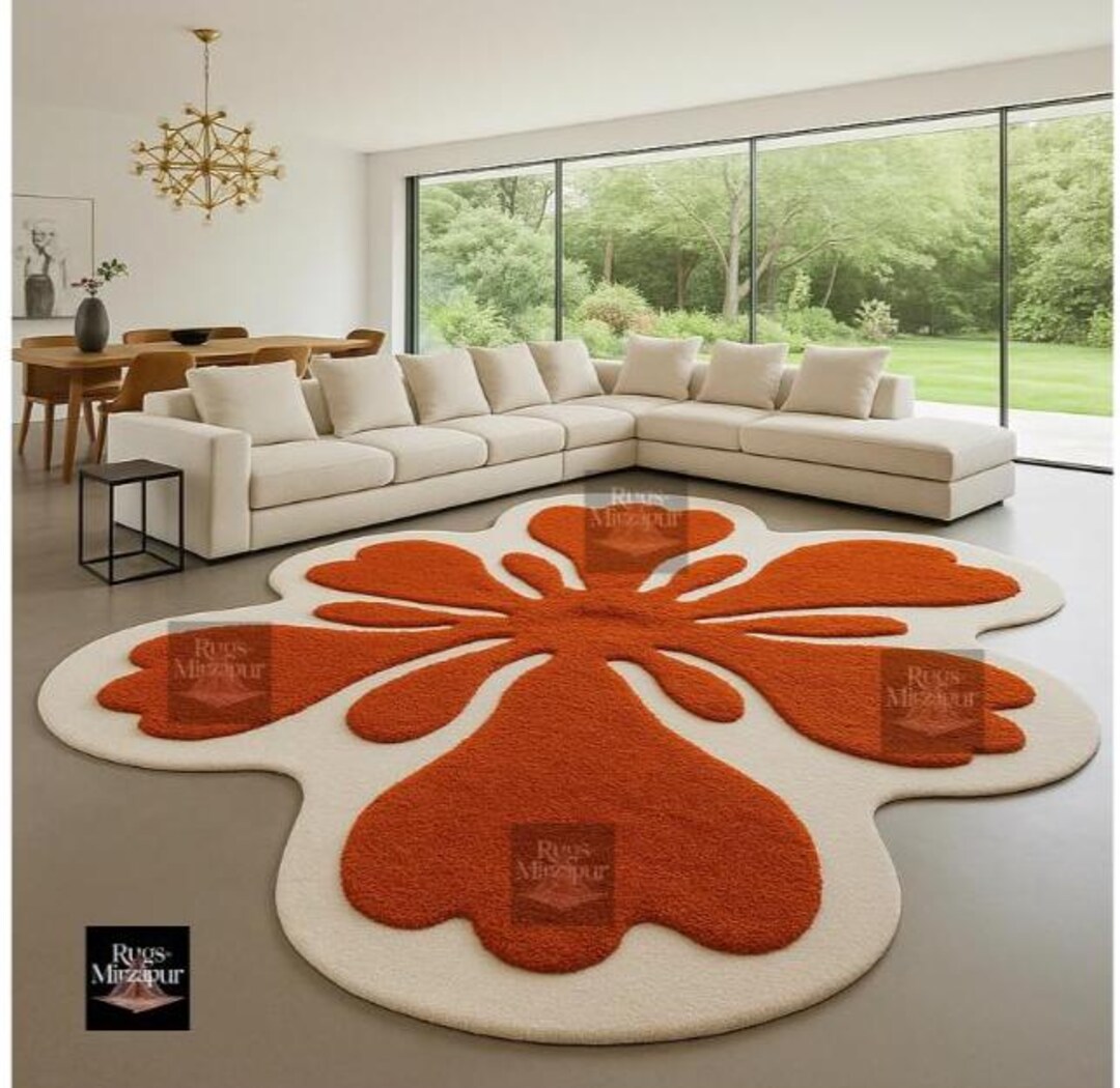 Orange Abstract Flower Rug • Groovy Amoeba Shag Rug • Wavy Retro Blob ...