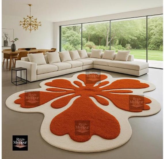 Orange Abstract Flower Rug • Groovy Amoeba Shag Rug • Wavy Retro Blob Carpet • Modern Funky Accent Rug for Living Room or Bedroom, 8x10 rugs