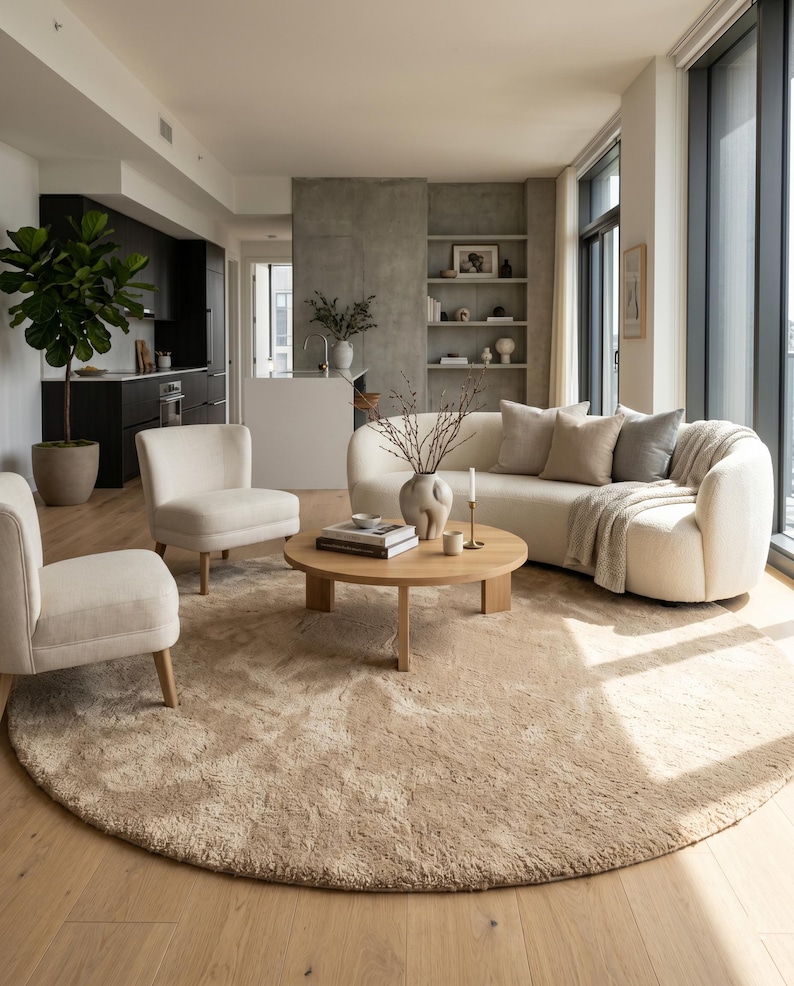 Large beige round hand tufted wool rug displayed in an open-concept living room with curved sectional seating, light wood flooring, indoor greenery, and contemporary architecture. The luxurious plush pile provides exceptional comfort while the elegant neutral color palette blends beautifully with Scandinavian, Japandi, organic modern, coastal, and contemporary interiors. This handmade area rug creates a refined foundation that enhances every designer-inspired living space.