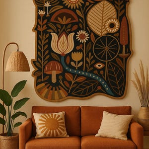 Modern Terracotta Black Folk Botanical Textile Hand Tufted Wool Art for  Living Room, Abstract 3D Pattern High Low Floral Bedroom 8x10 Rugs