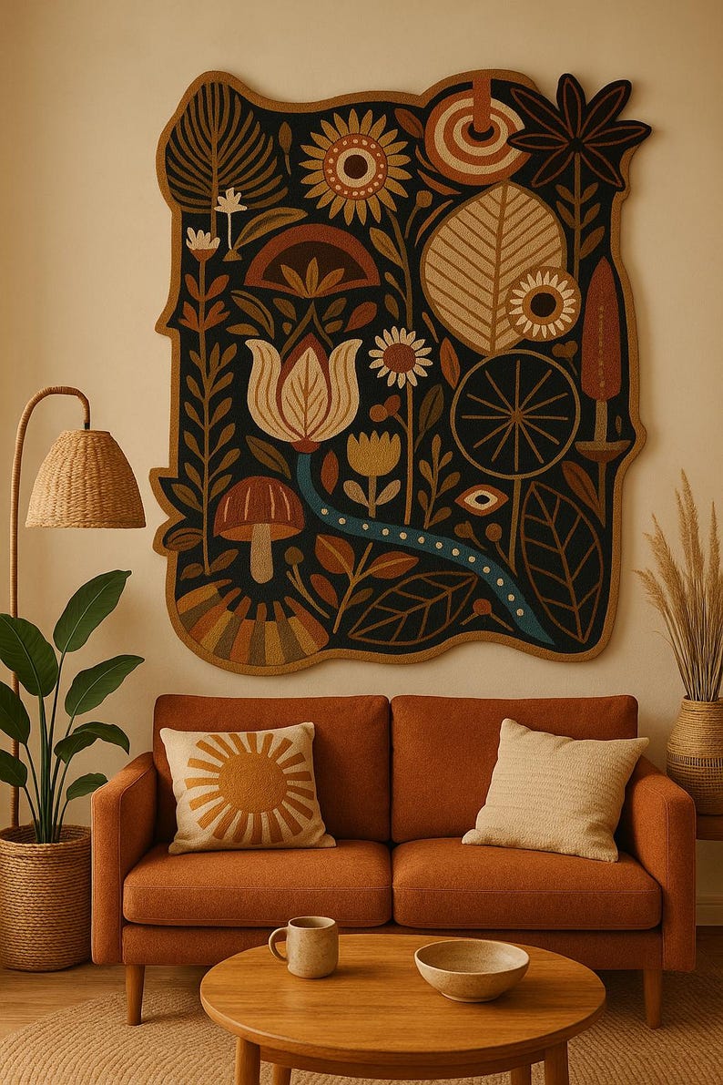 A rug with a black background and a variety of colorful floral and geometric patterns. The rug has a brown border and is made of a soft, plush material.