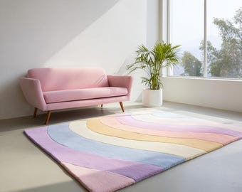 Modern Abstract Rainbow Design Hand Tufted Wool 8x10 Area Rug for Living Room, Handmade Colorful Wave Pattern 5x8 6x9 Rugs, Custom 9x12 Rugs