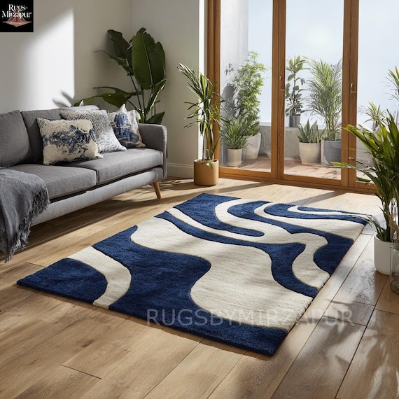 Off White Navy Blue Abstract Hand Tufted Wavy 8x10 Area Rugs for Living Room, Modern Wave Pattern 6x9 Rugs of Dining Room, Handmade Carpet