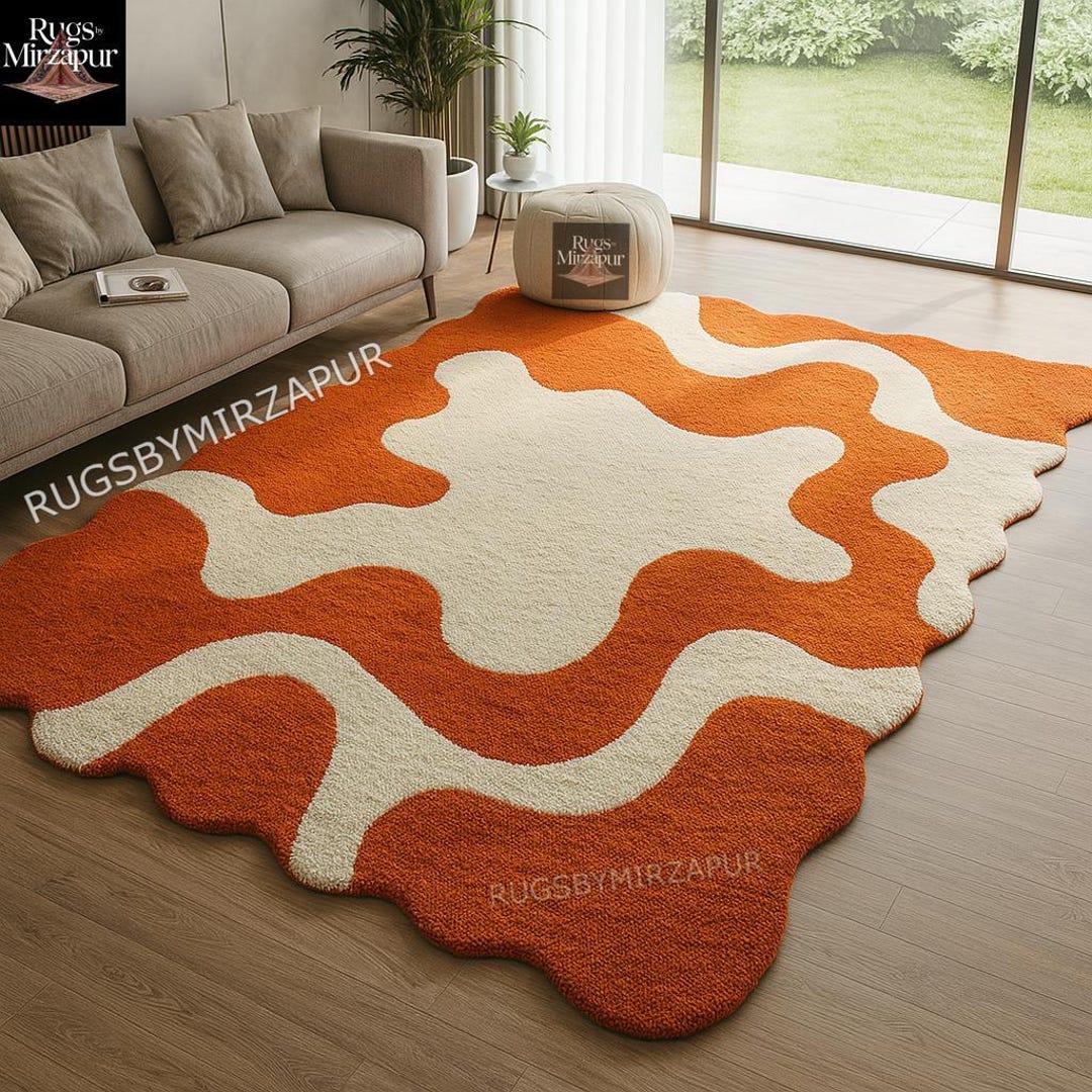Orange Splat Rug Modern Burnt Orange Solid Cream Scalloped Edge Hand Tufted Wool Rug for ...